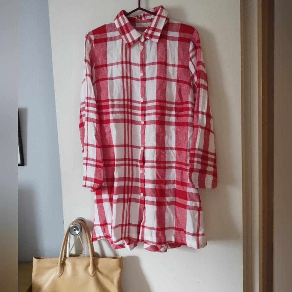 FLAX Pure Linen Red White Plaid Shirt Dress S - Picture 1 of 6